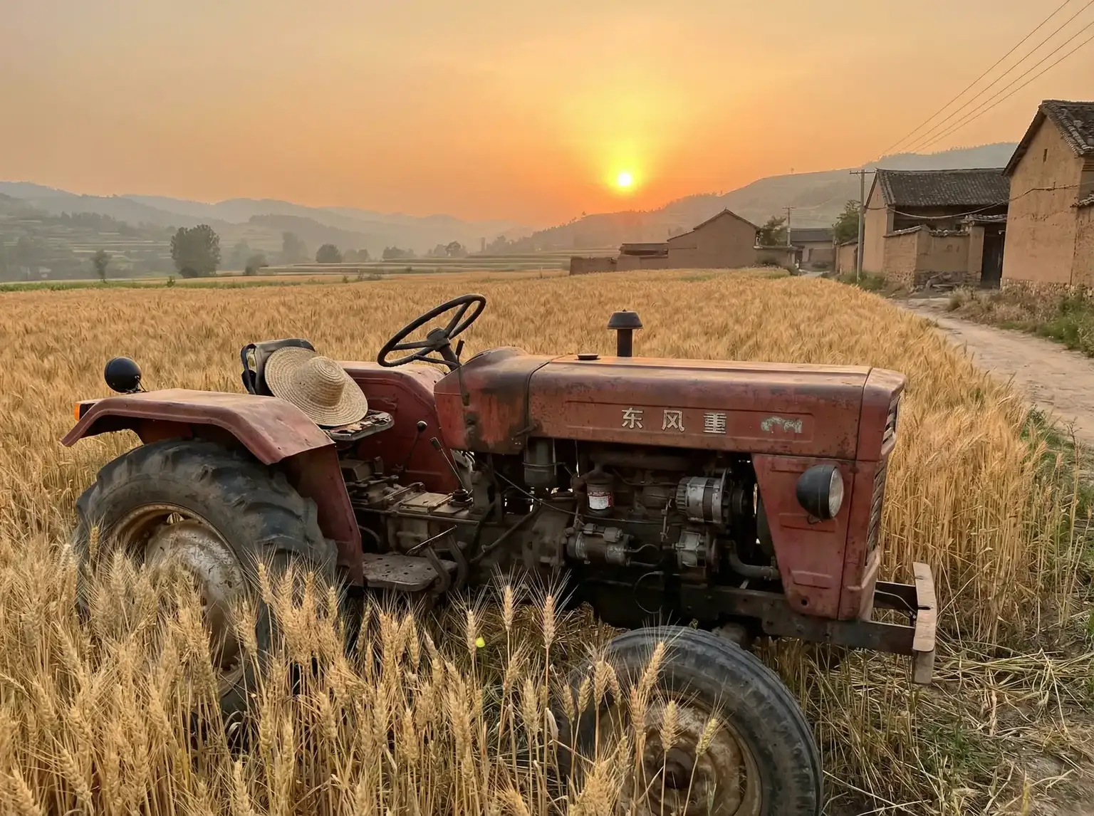 夕阳下的老式拖拉机停在麦田边 - 齐天大圣2022电影在线观看 田间记忆